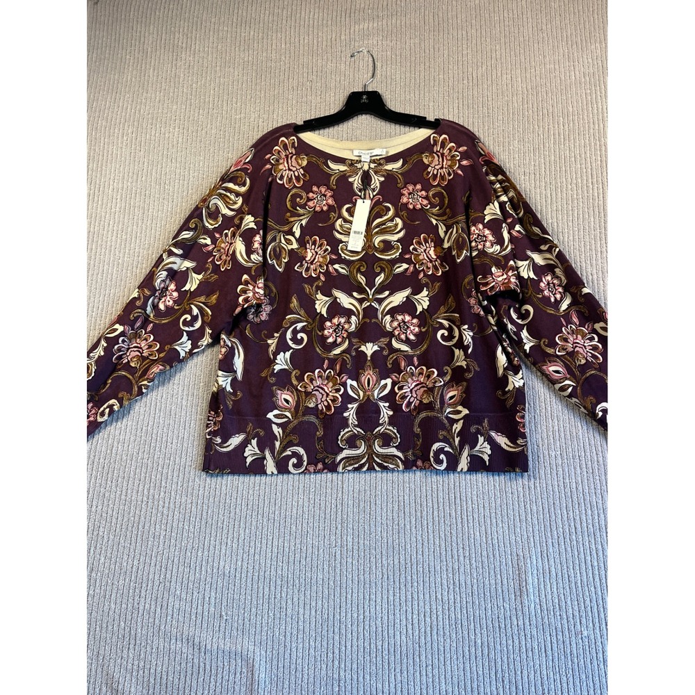 Chico's Sweater Womens 2 Foil Print Dolman Pullover Deep Raisin Floral NEW